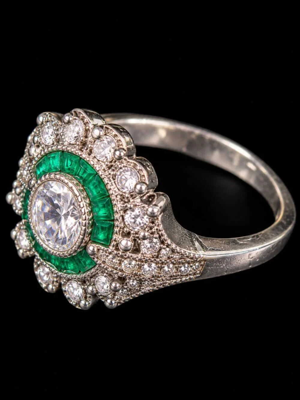 S925 Sterling Silver Green Target Ring Clear Stone Halo Size 9.75-10